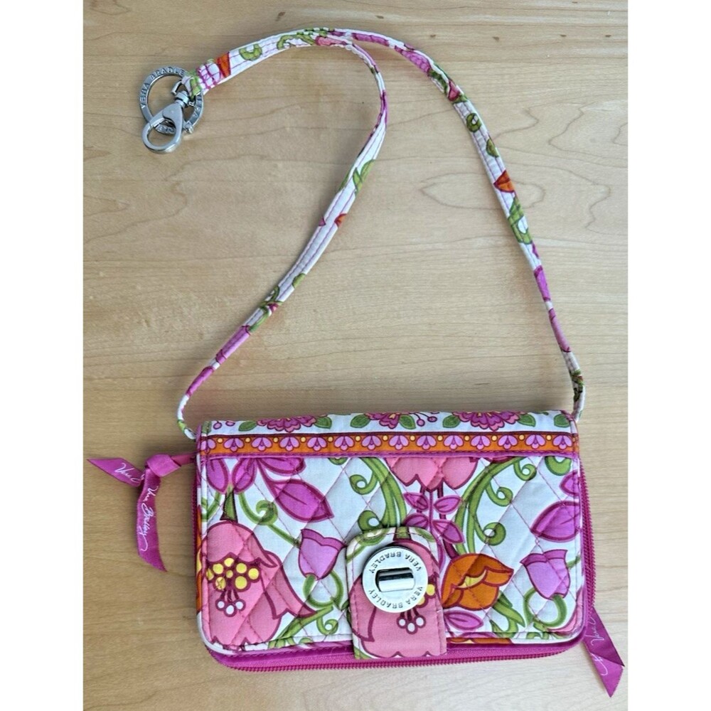 Vera Bradley Pink Floral Zip Around Wristlet Wallet Organizer Clutch w/ Strap